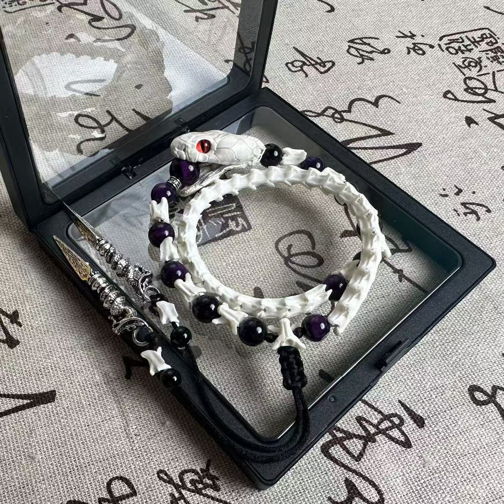 Real Snake Bone Ouroboros Bracelet — Snake Head Clasp, Natural Gemstones & Sword Charm | 3 Colors