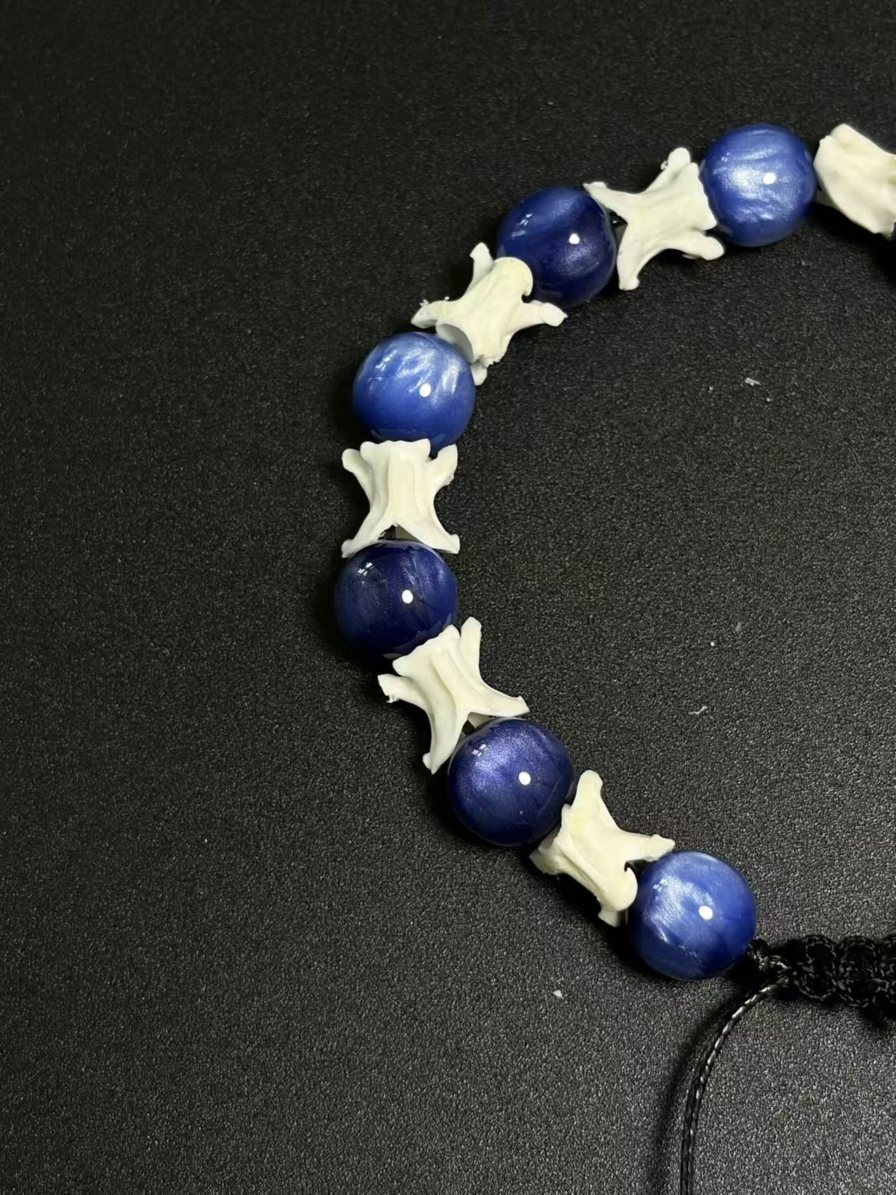 Real Snake Bone Bracelet – Deep Blue Cat's Eye Stone Beads & Vertebrae Spacers | Chatoyant Dark Elegant Style