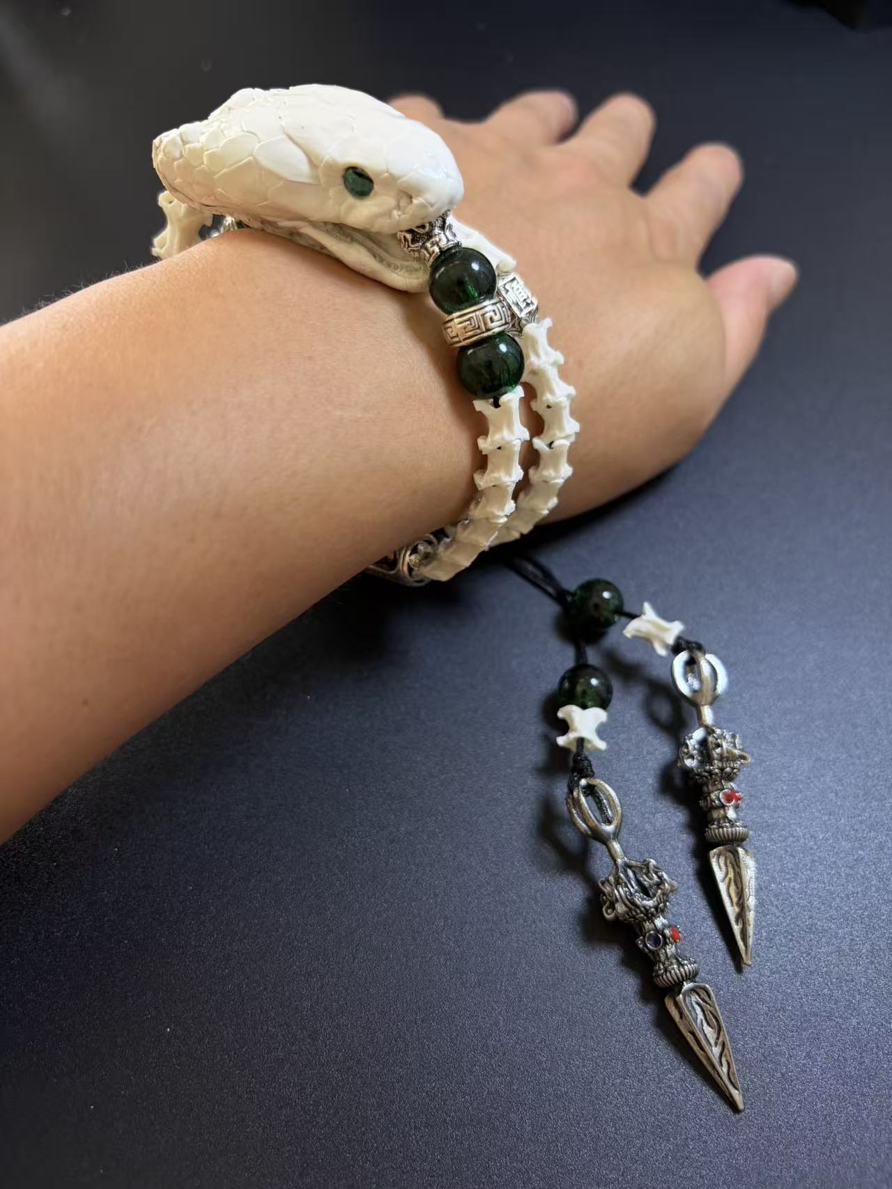 Real Snake Bone Bracelet with Tibetan Phurba Dagger Charm | Dark Luxury Talisman
