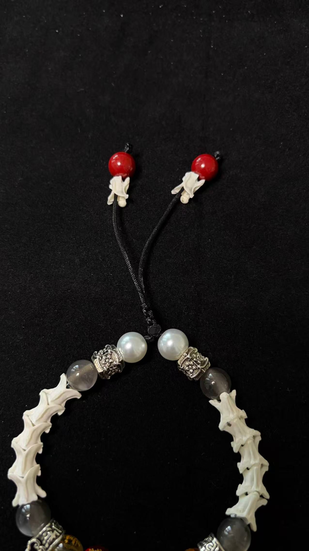 Real Snake Bone Bracelet – Five Wealth Gods Engraved Crystal Beads, Pearl & Silver Butterfly Charm | Tibetan Fortune Jewelry