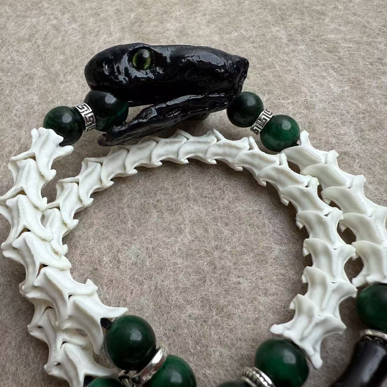 Real Snake Bone Double-Coil Bracelet — Black Serpent Head, Natural Malachite & Serpent-Sword Charm | Gothic Dark Luxury