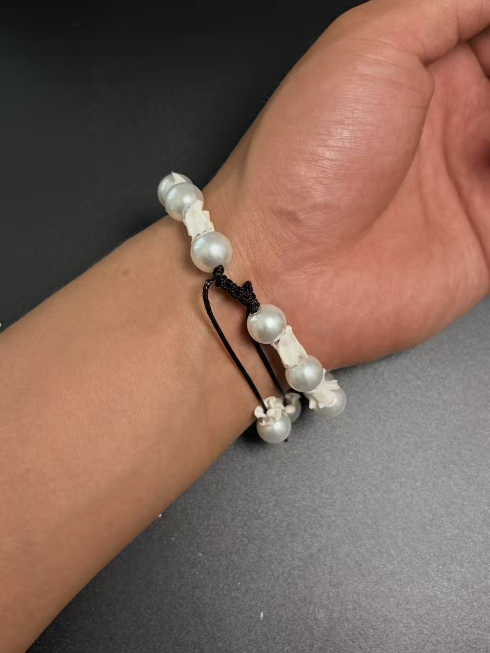 Real Snake Bone Bracelet – Silver Grey Pearl Beads & Vertebrae Spacers | Dark Elegant Gothic Style