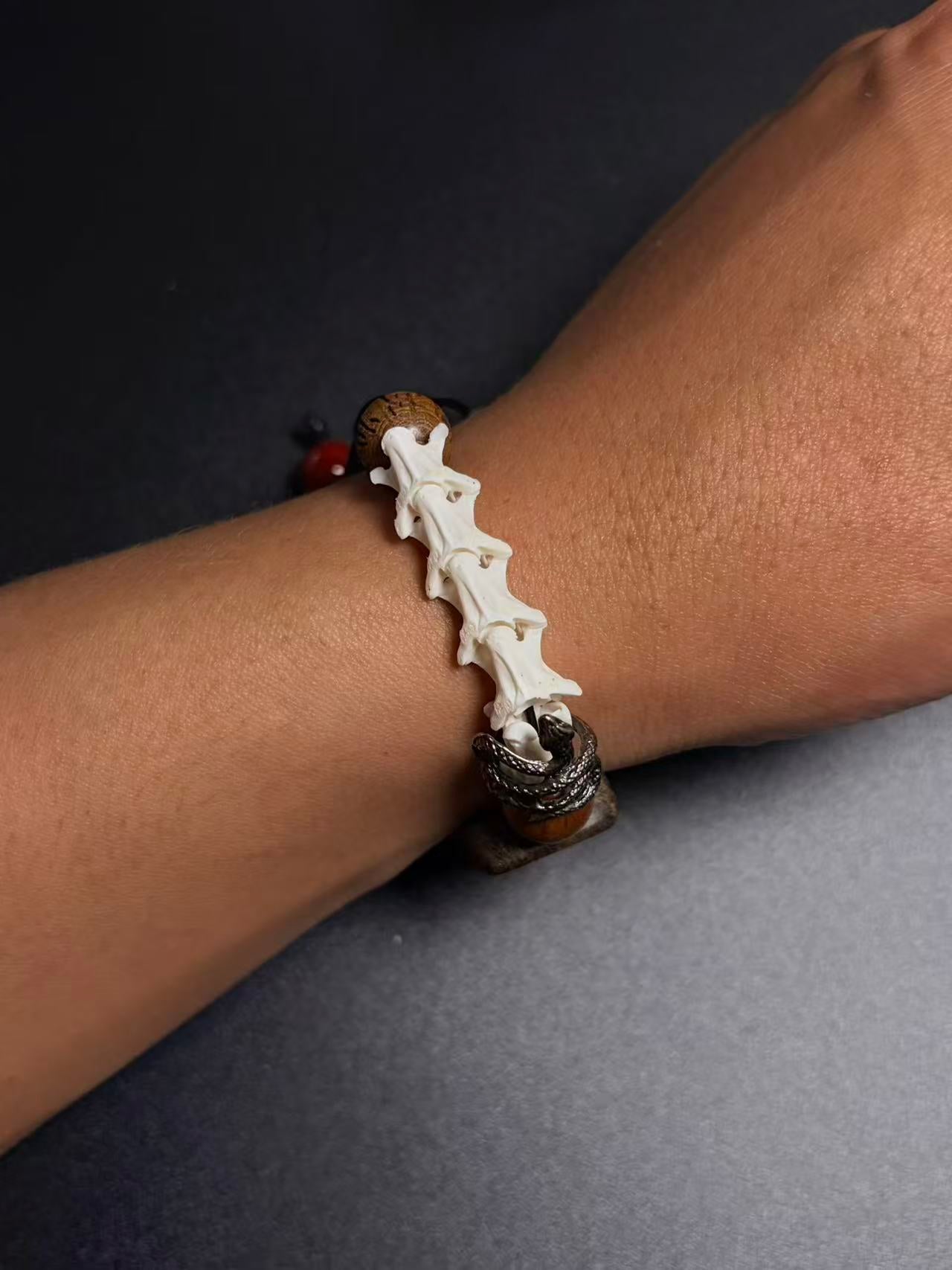 Real Snake Bone Bracelet – Wu Shi Pai Peace Amulet, Agarwood Bead & Real Cinnabar Beads | Chinese Talisman Jewelry