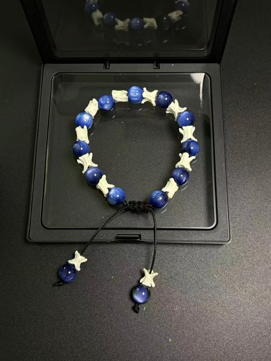 Real Snake Bone Bracelet – Deep Blue Cat's Eye Stone Beads & Vertebrae Spacers | Chatoyant Dark Elegant Style