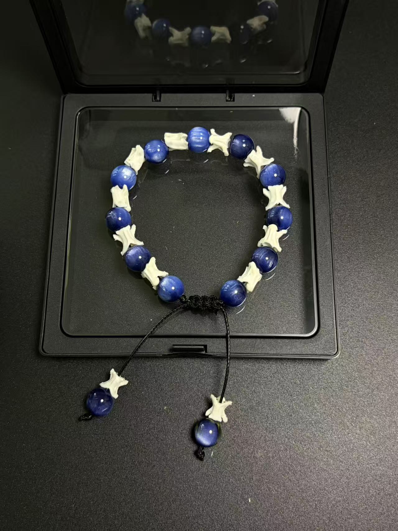 Real Snake Bone Bracelet – Deep Blue Cat's Eye Stone Beads & Vertebrae Spacers | Chatoyant Dark Elegant Style