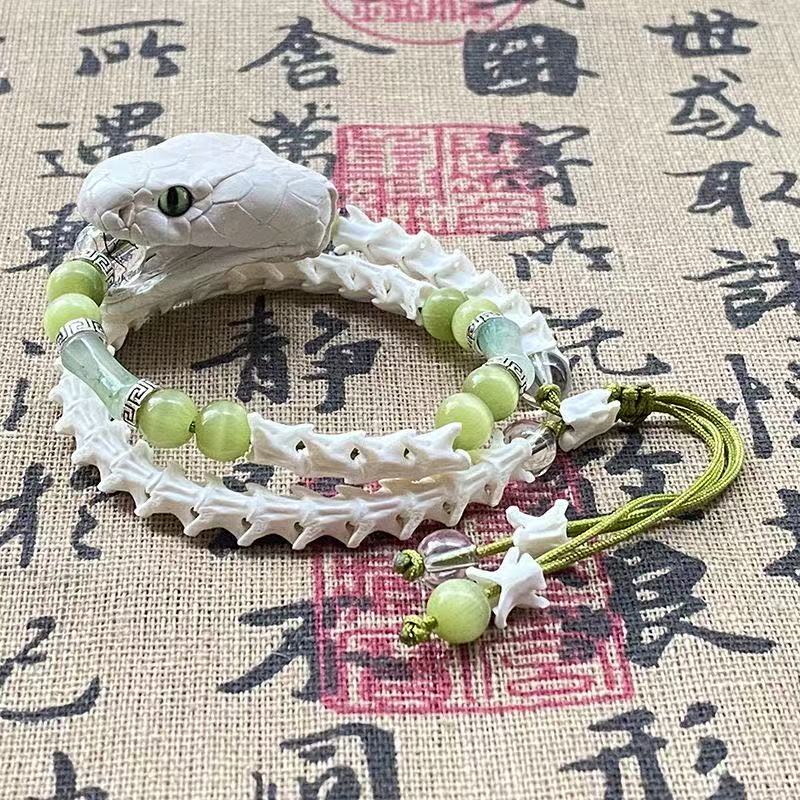 Real White Snake Bone Bracelet — Lifelike Snake Head, Natural Gemstones & Silk Tassel | Chinese Mythology Jewelry