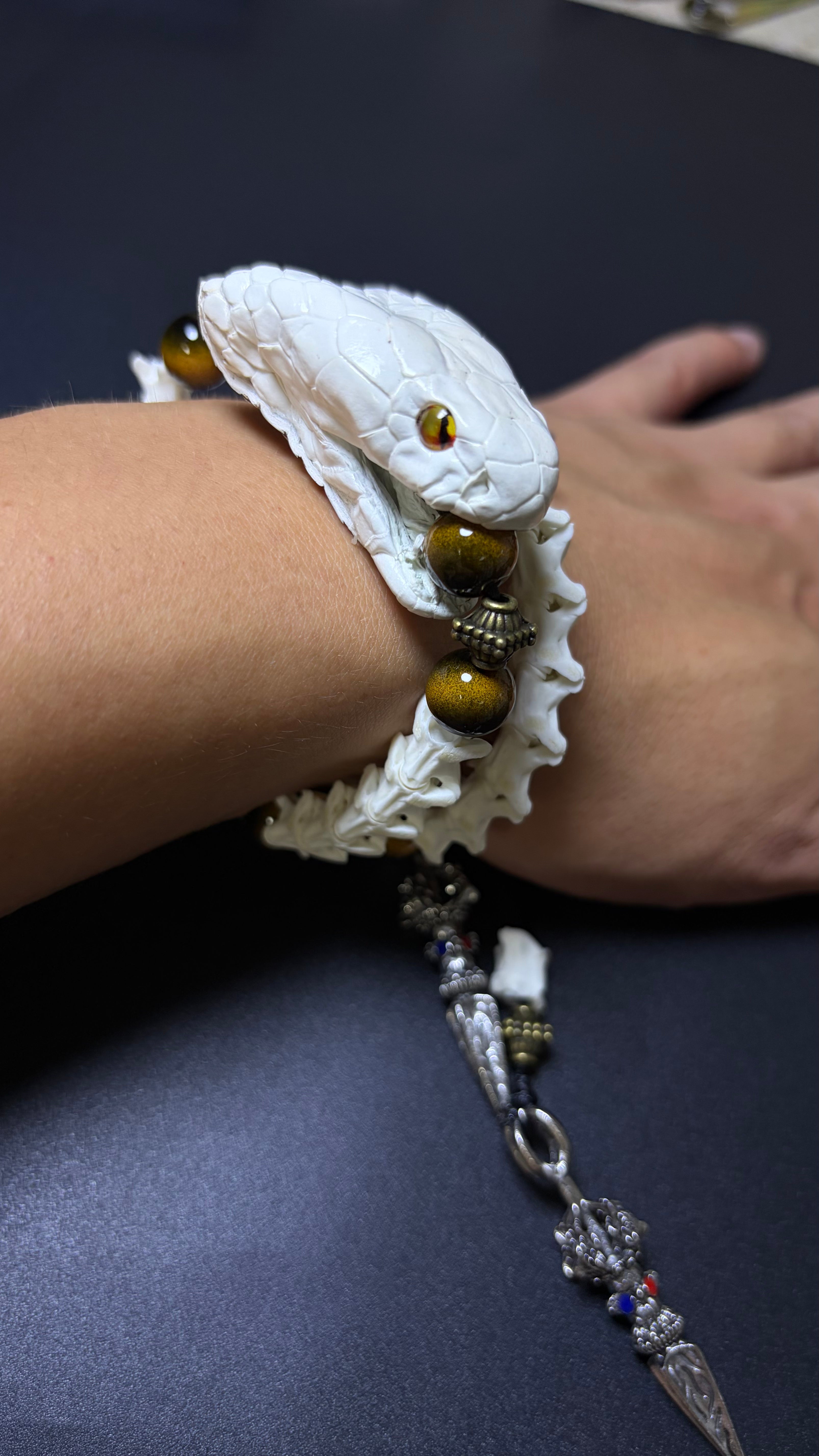 Real Snake Bone Bracelet — Tiger Eye & Tibetan Vajra Charm