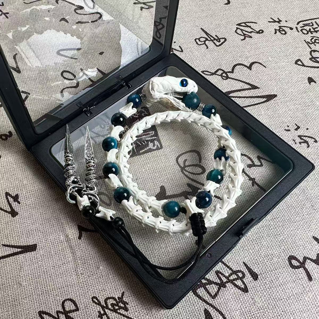 Real Snake Bone Ouroboros Bracelet — Snake Head Clasp, Natural Gemstones & Sword Charm | 3 Colors