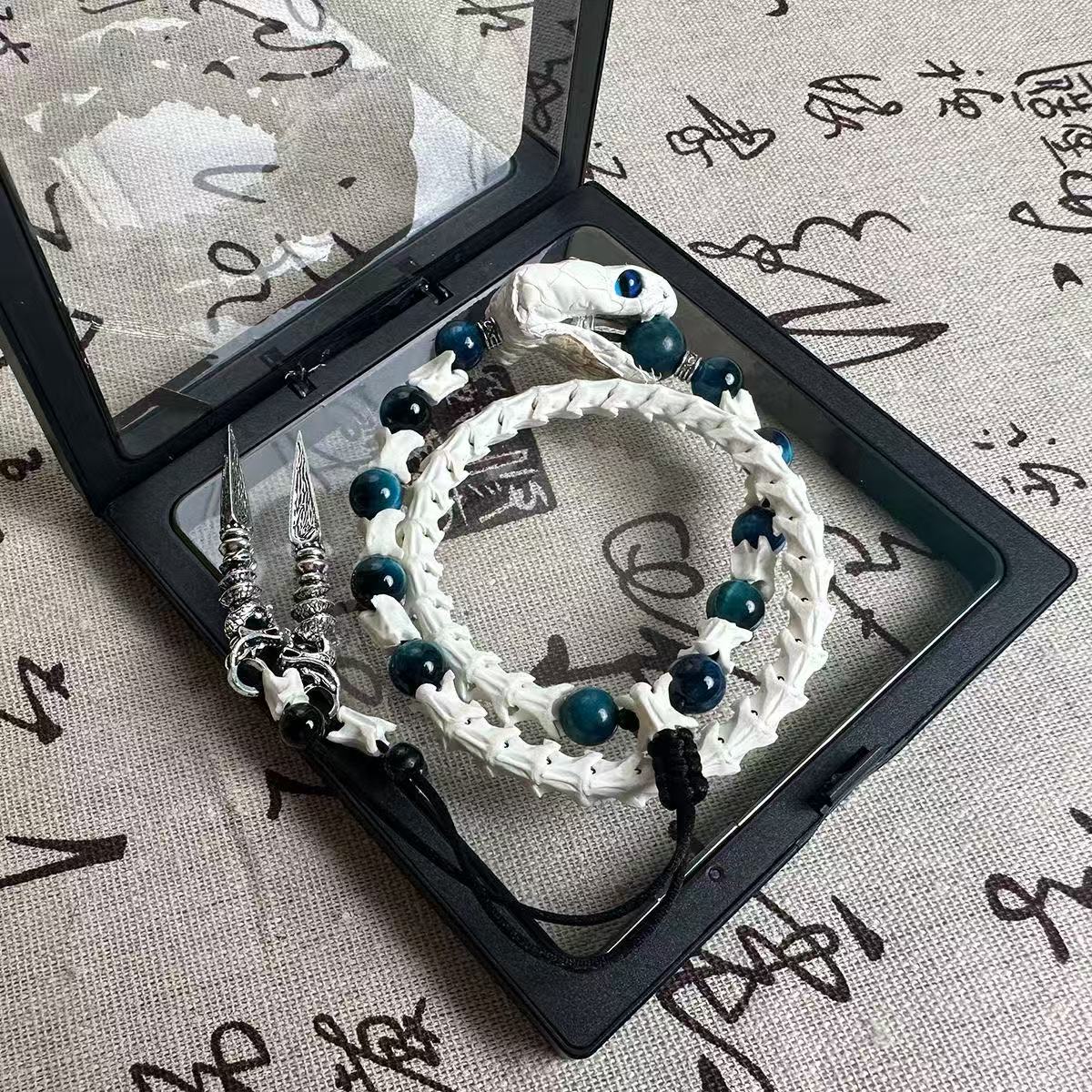 Real Snake Bone Ouroboros Bracelet — Snake Head Clasp, Natural Gemstones & Sword Charm | 3 Colors