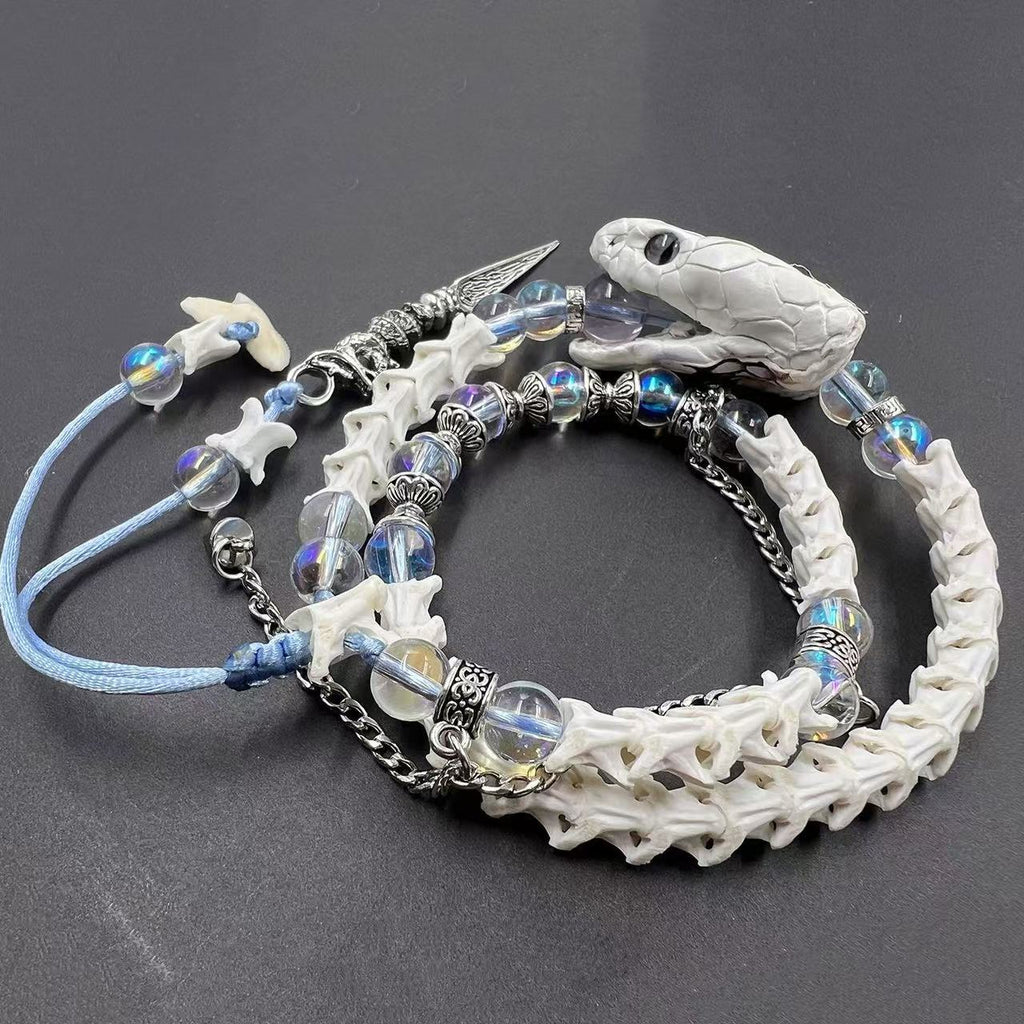 Real White Snake Bone Double-Wrap Bracelet — Aurora Crystal Beads, Silver Chain & Spear Charm | Fairy Grunge Jewelry