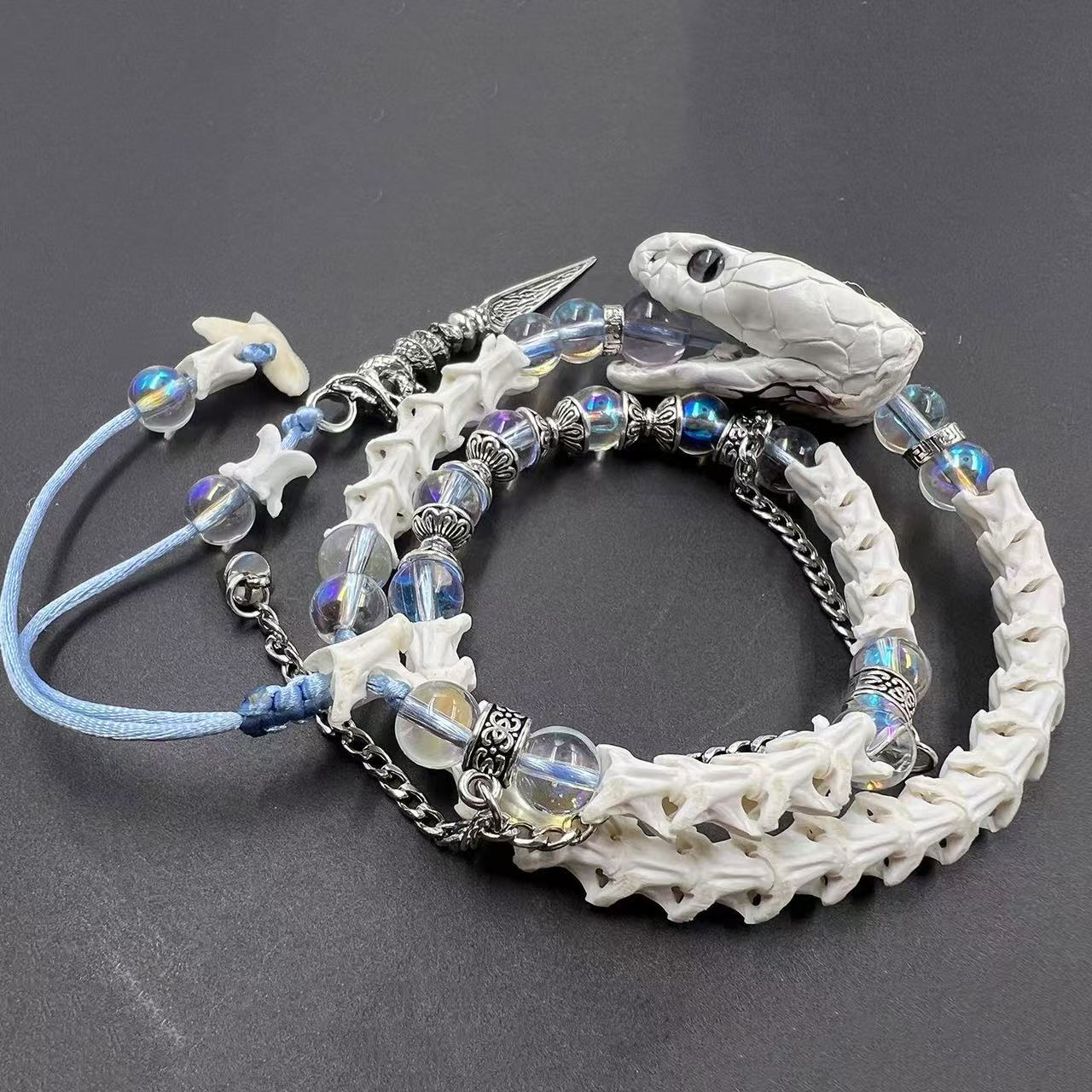 Real White Snake Bone Double-Wrap Bracelet — Aurora Crystal Beads, Silver Chain & Spear Charm | Fairy Grunge Jewelry