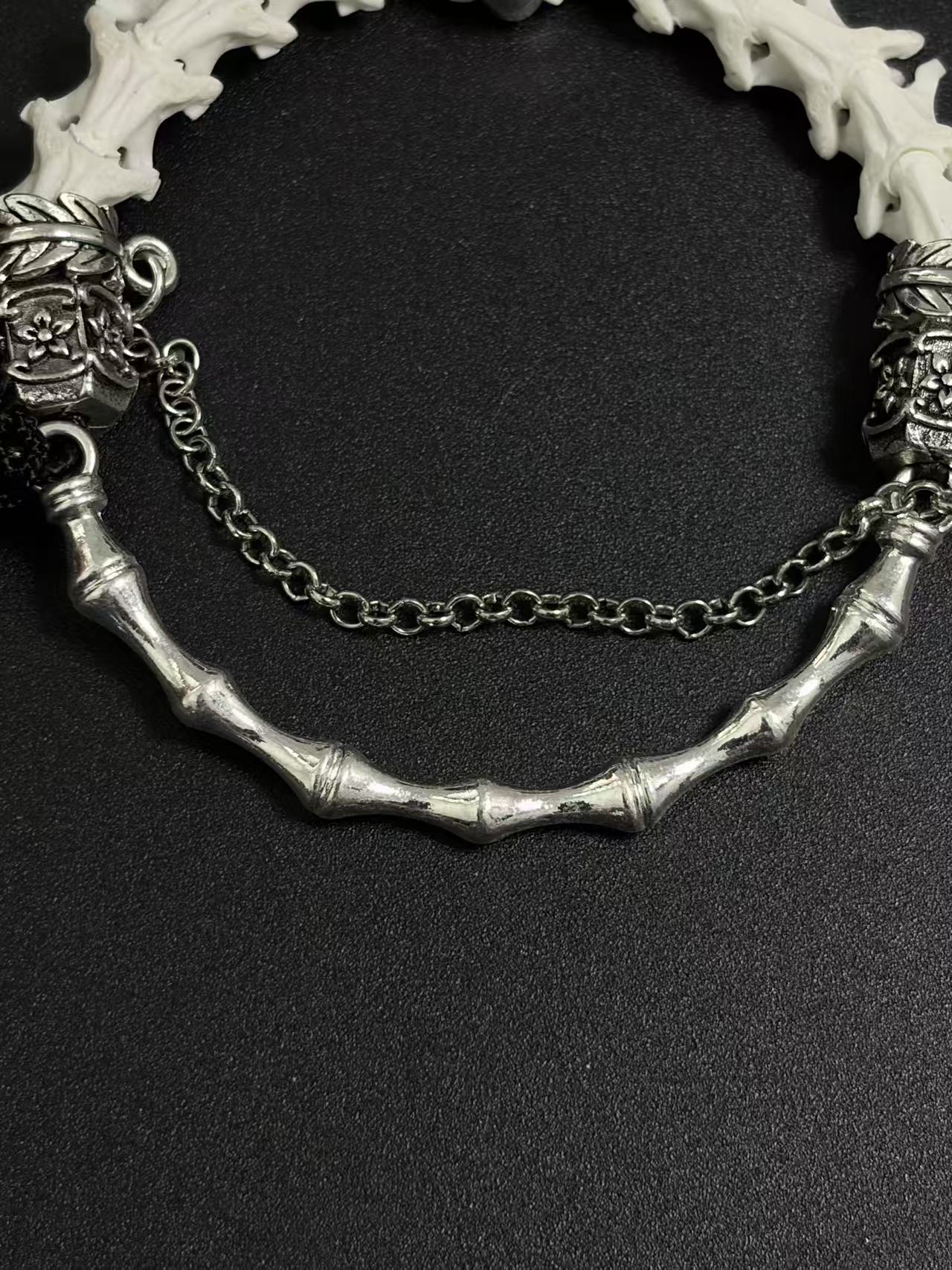 Real Snake Bone Bracelet – Crystal Skull, Silver Butterfly Charm & Bamboo Bone Dual Chain | Gothic Dark Luxury