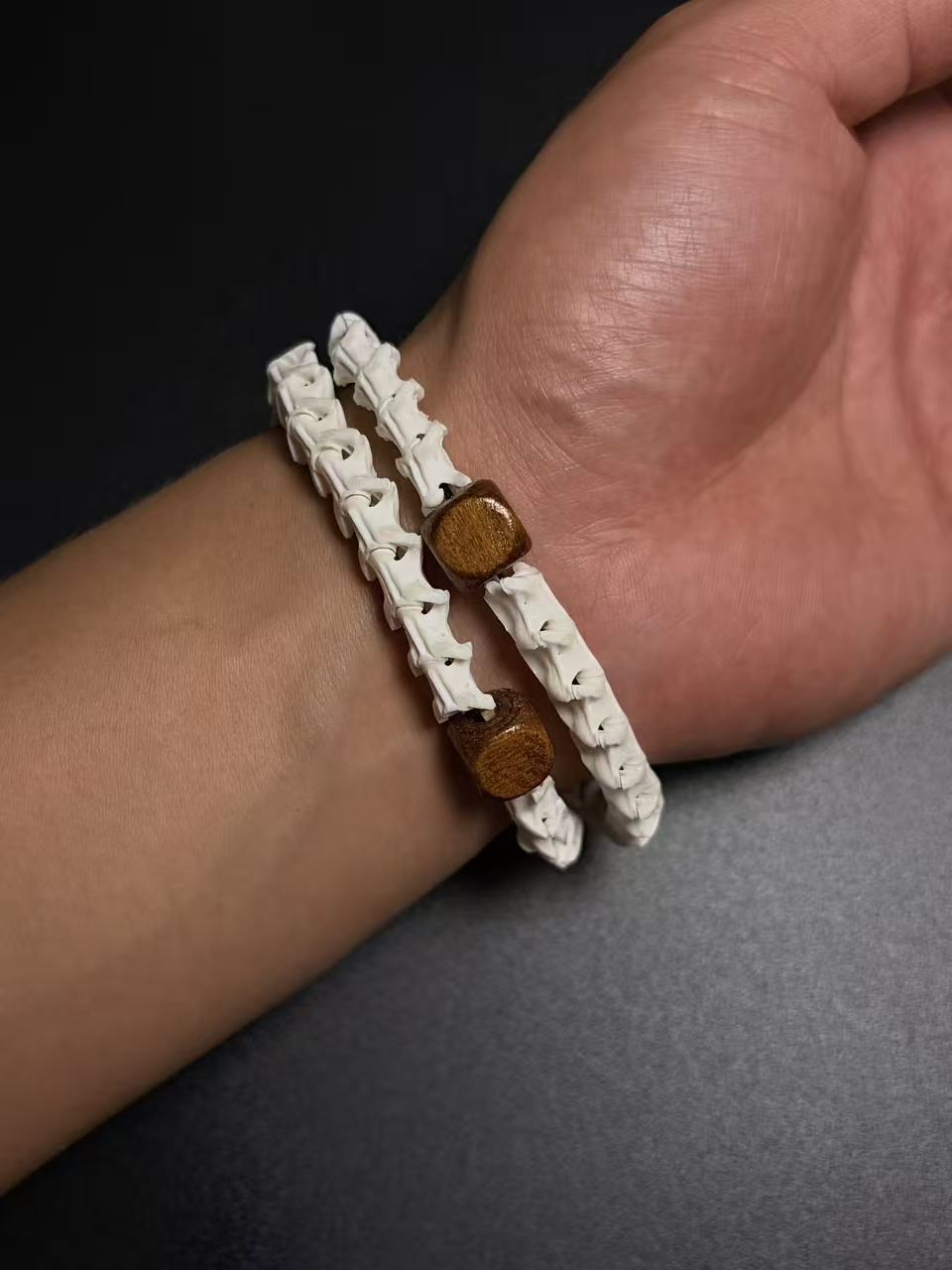 Real Snake Bone Bracelet – Tibetan Agarwood Bead, Turquoise Totem & Silver Petal Charm