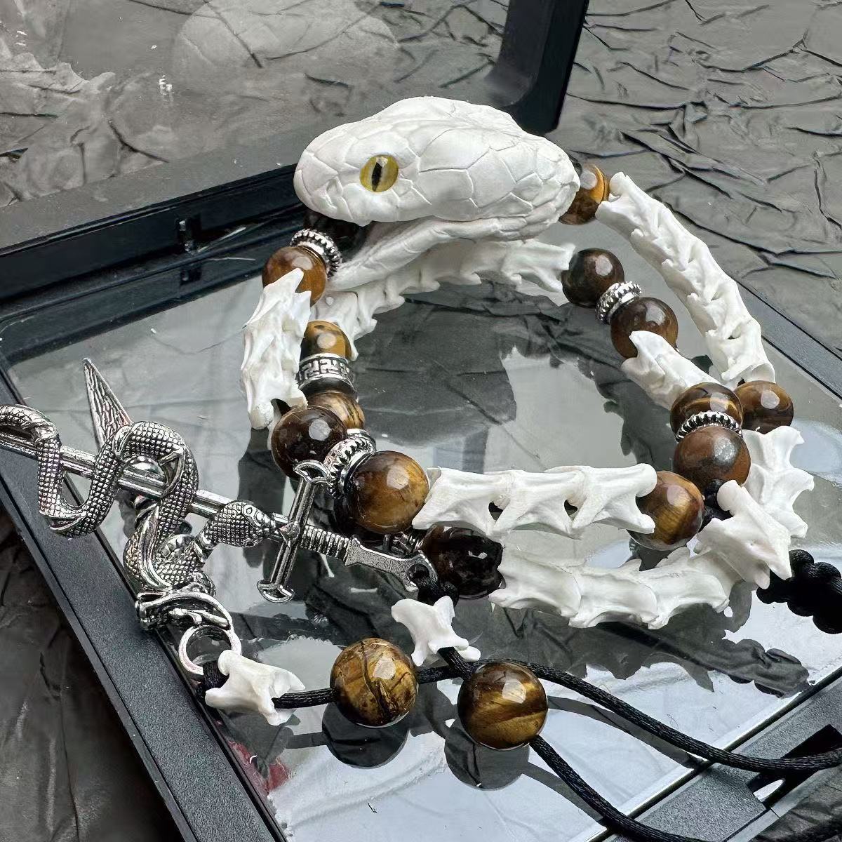 Real Snake Bone Bracelet — Tiger's Eye Beads & Sword Charm | Gothic Tibetan Jewelry