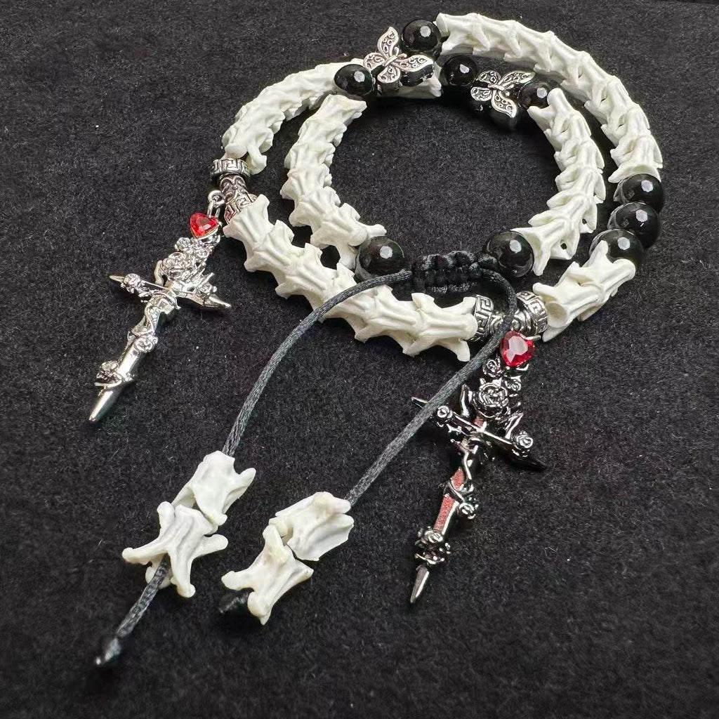 Real Snake Bone Bracelet — Black Obsidian, Butterfly Spacers & Rose Sword Charm | Dark Romance Gothic Jewelry