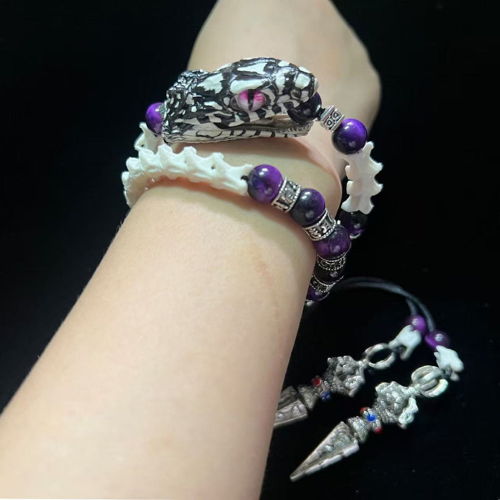 Real Snake Bone Coil Bracelet — Snake Head Clasp, Natural Gemstones & Tibetan Vajra Charm
