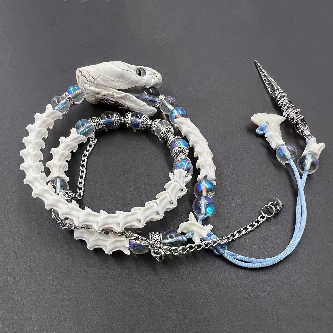 Real White Snake Bone Double-Wrap Bracelet — Aurora Crystal Beads, Silver Chain & Spear Charm | Fairy Grunge Jewelry