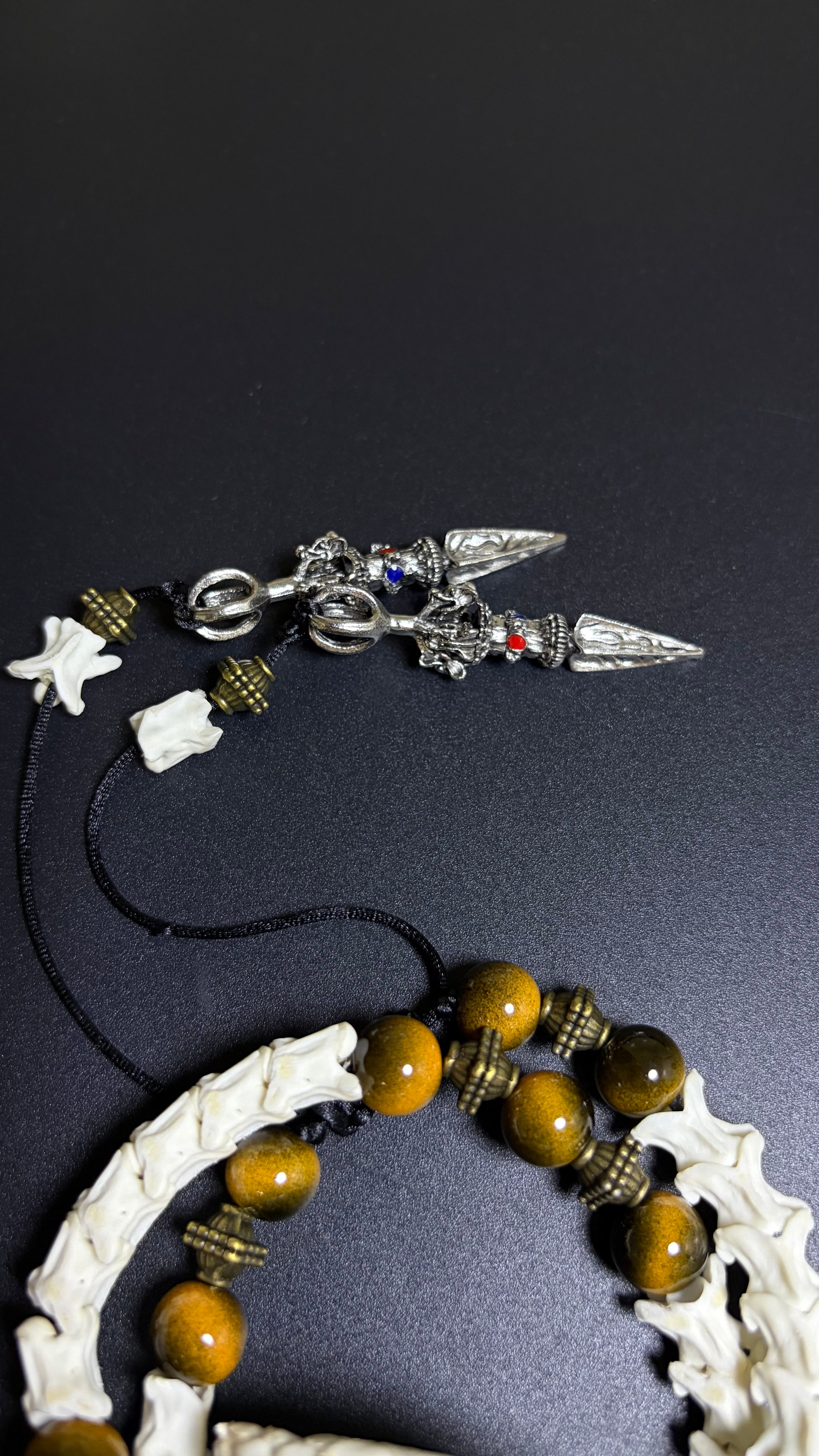 Real Snake Bone Bracelet — Tiger Eye & Tibetan Vajra Charm