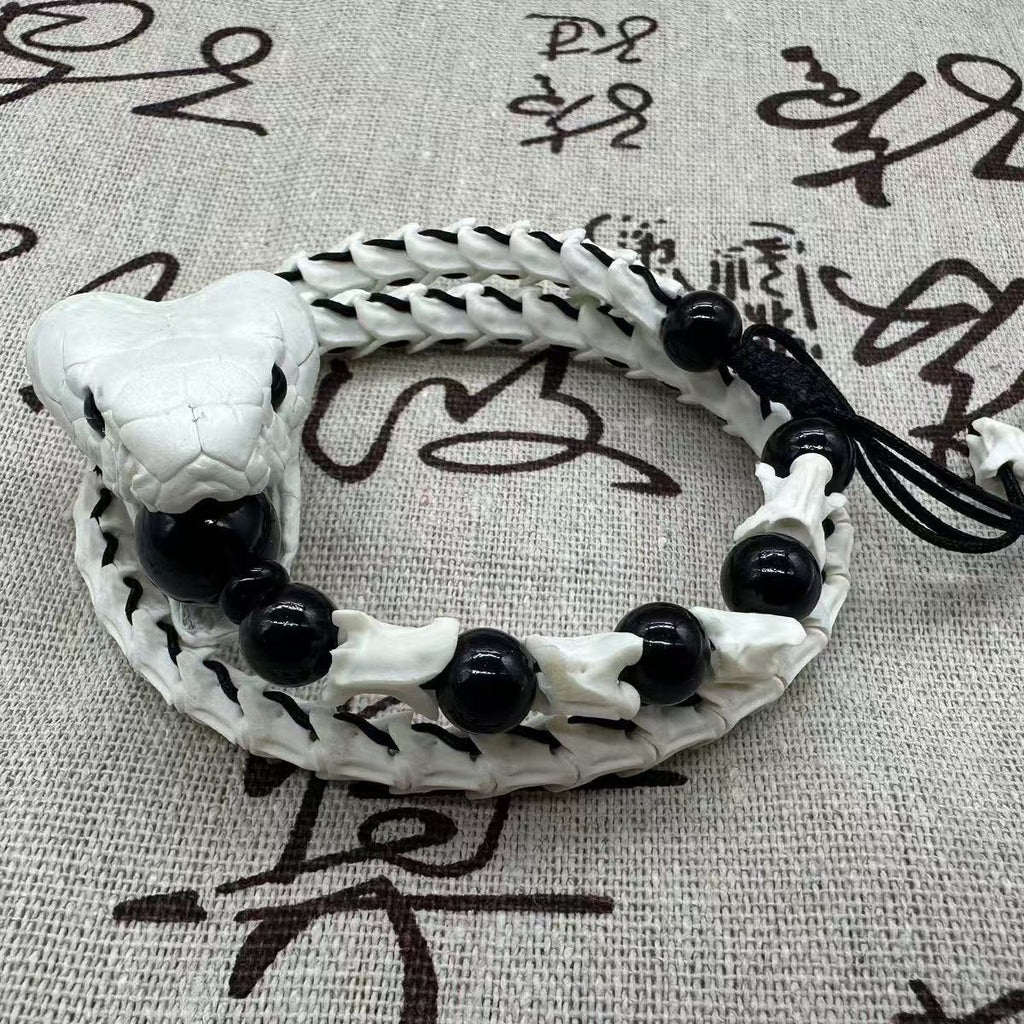 Real Snake Bone Woven Bracelet — Natural Gemstone Beads | Gothic Occult Jewelry