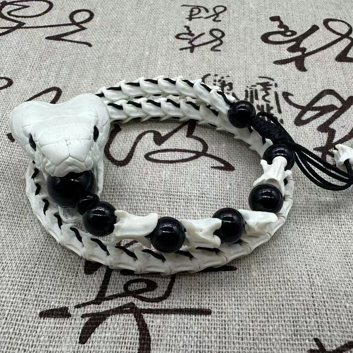 Real Snake Bone Woven Bracelet — Natural Gemstone Beads | Gothic Occult Jewelry