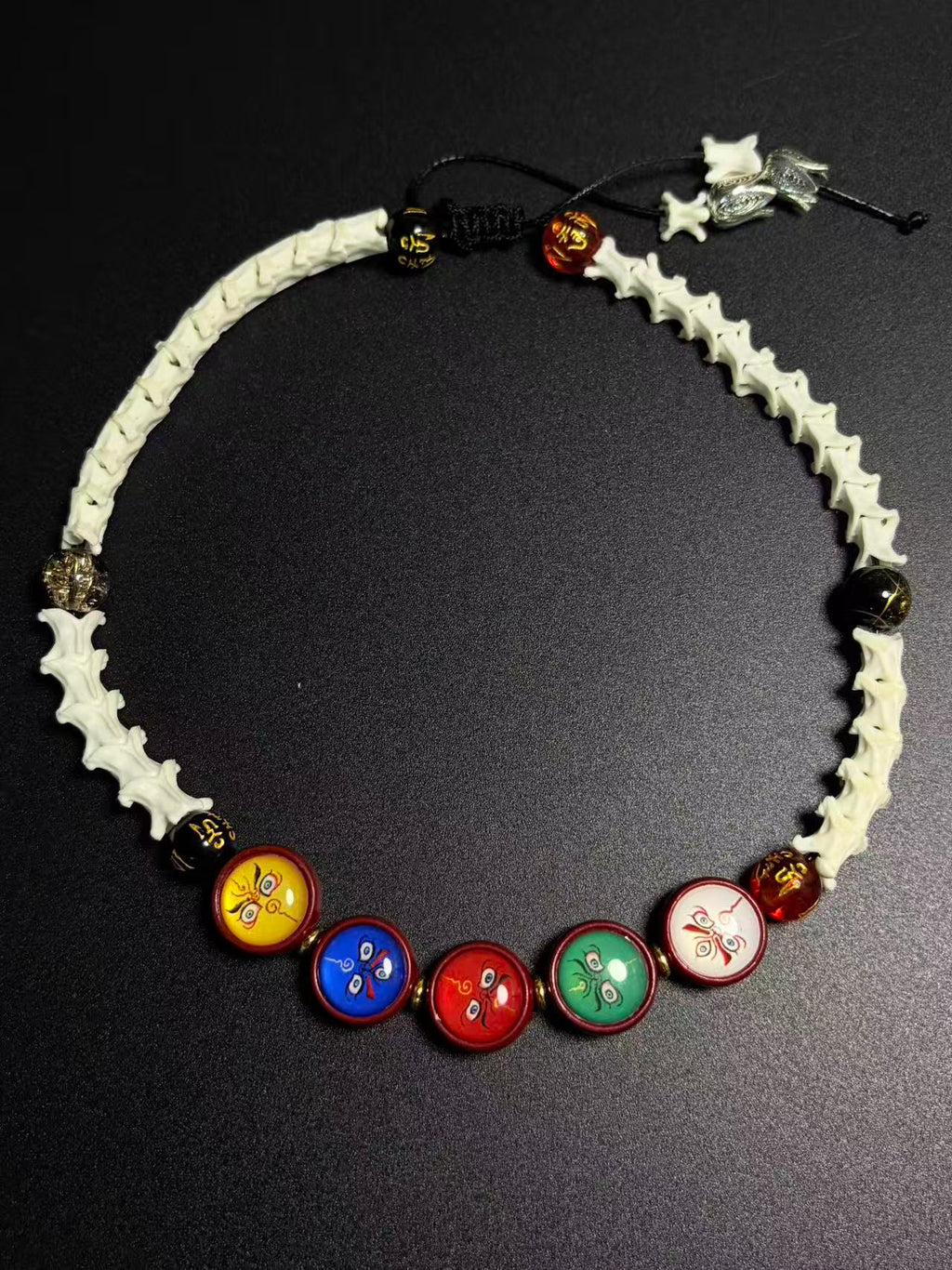 Real Snake Bone Bracelet – Five Wealth Gods Thangka Hand-Painted Disc Beads, Five Colors & Silver Butterfly Charm | Tibetan Fortune Jewelry