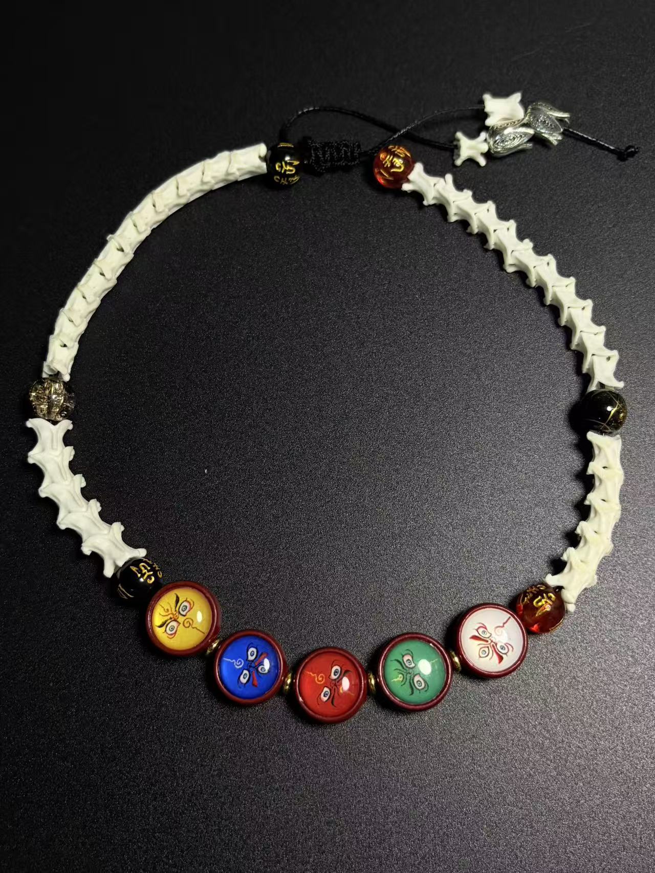 Real Snake Bone Bracelet – Five Wealth Gods Thangka Hand-Painted Disc Beads, Five Colors & Silver Butterfly Charm | Tibetan Fortune Jewelry