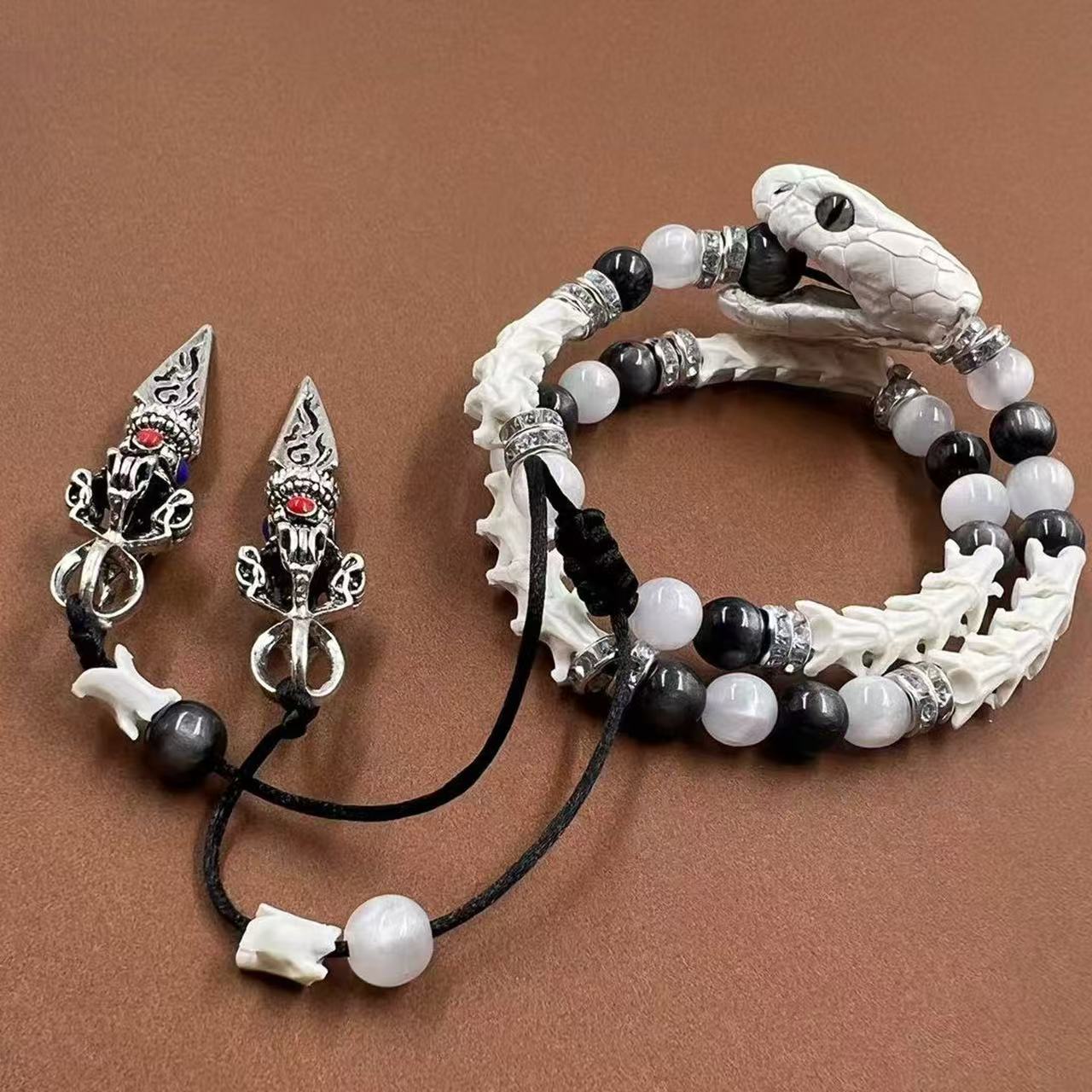 Real White Snake Bone Bracelet — Black & White Gemstones, Diamond Spacers & Tibetan Vajra Spear Charms | Dark Luxury