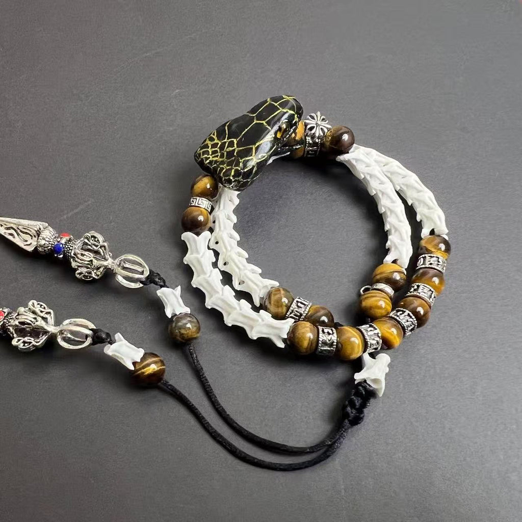 Real Snake Bone Double-Coil Bracelet — Black Serpent King, Tiger's Eye & Tibetan Kīla Charms | Dark Luxury