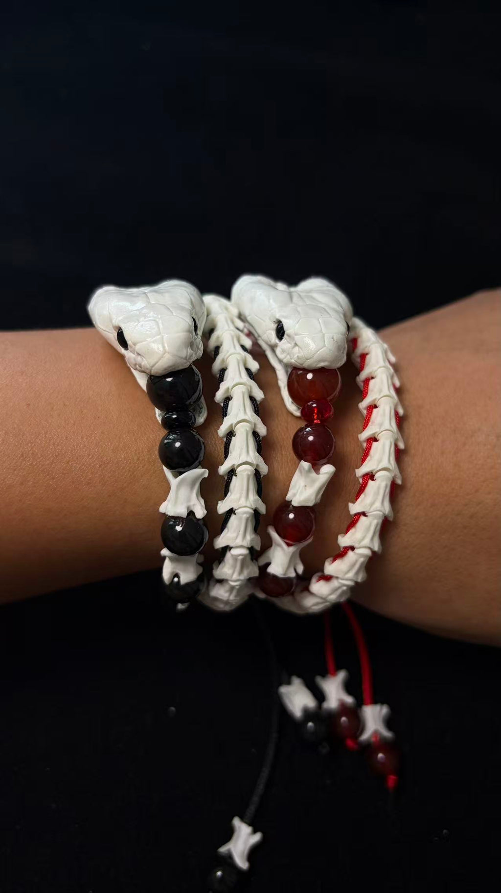 Real Snake Bone Woven Bracelet — Natural Gemstone Beads | Gothic Occult Jewelry