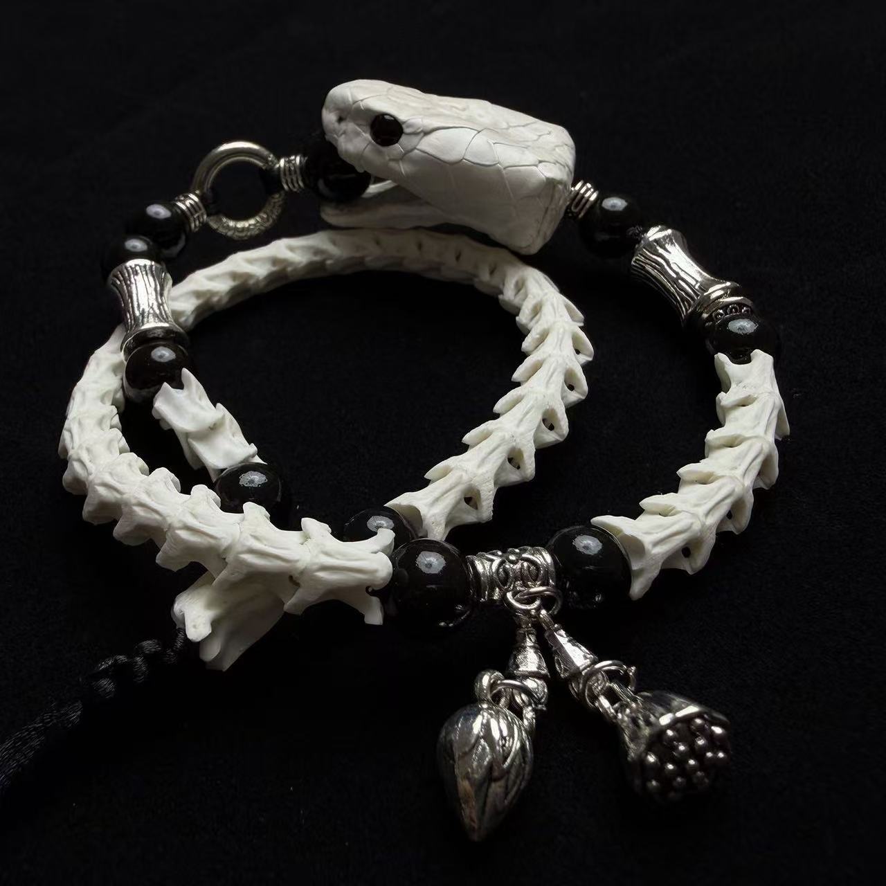 Real Snake Bone Bracelet — Snake Head Clasp & Black Obsidian | Choose Your Charm: Twin Swords or Dark Botanicals