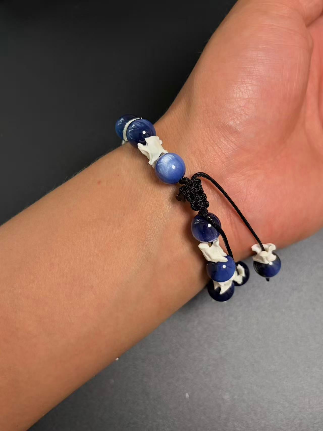 Real Snake Bone Bracelet – Deep Blue Cat's Eye Stone Beads & Vertebrae Spacers | Chatoyant Dark Elegant Style