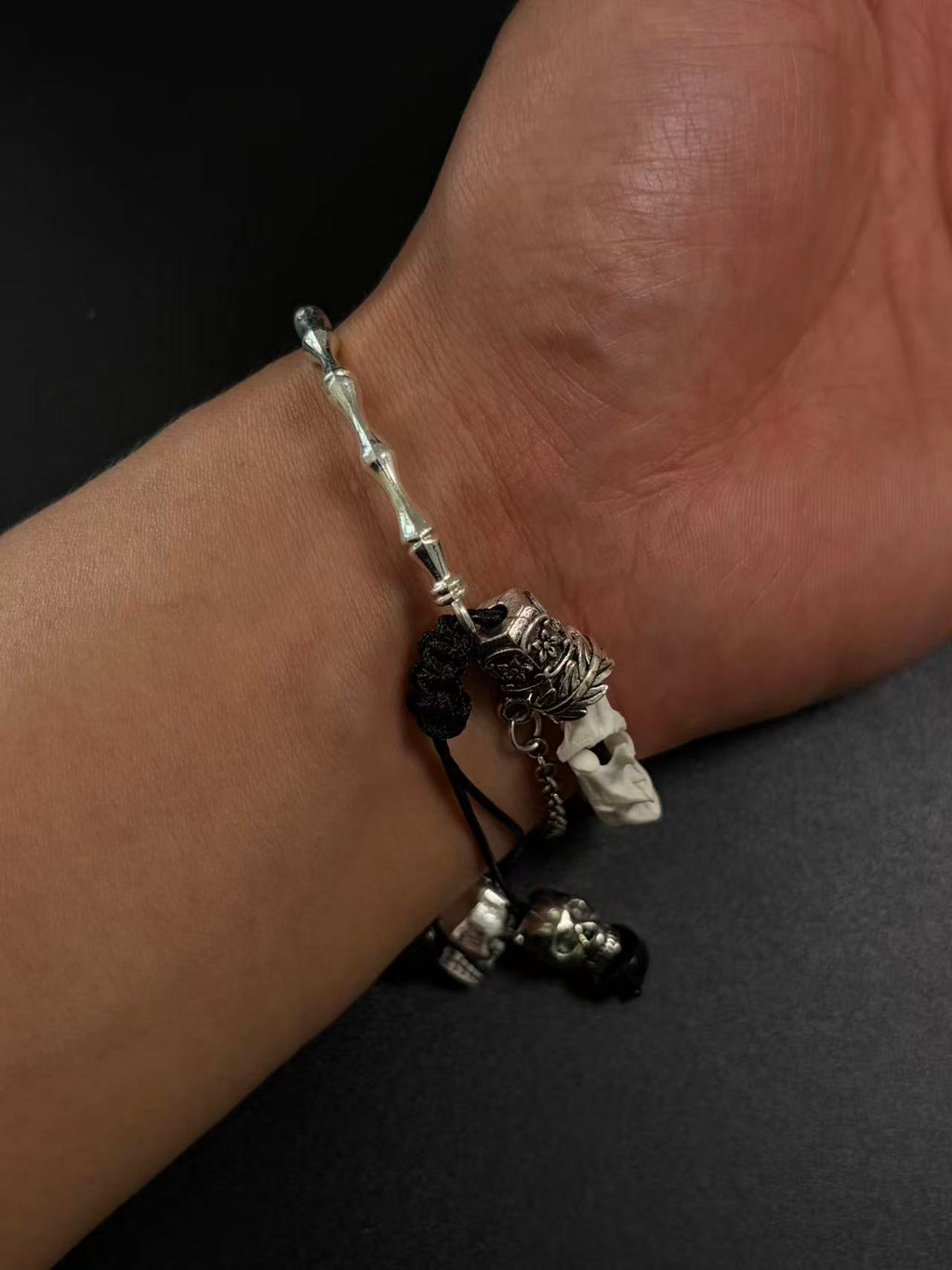 Real Snake Bone Bracelet – Crystal Skull, Silver Butterfly Charm & Bamboo Bone Dual Chain | Gothic Dark Luxury