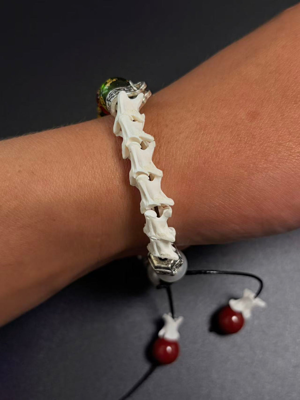 Real Snake Bone Bracelet – Five Wealth Gods Engraved Crystal Beads, Pearl & Silver Butterfly Charm | Tibetan Fortune Jewelry